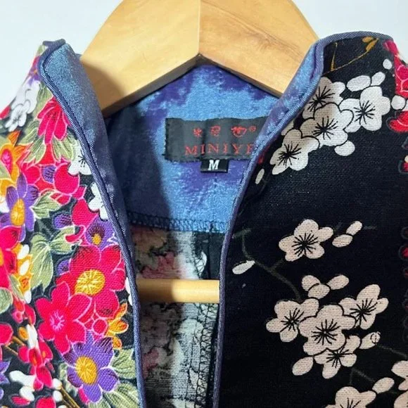 Womens Cotton Linen Short Sleeve Chinese Shirt with Flower Print Size M - Picture 5 of 16